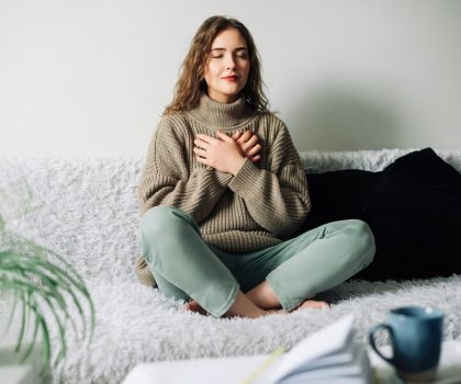 Relaxation,Techniques:,Woman,Practicing,Pranayama,In,Lotus,Position,On,Bed,